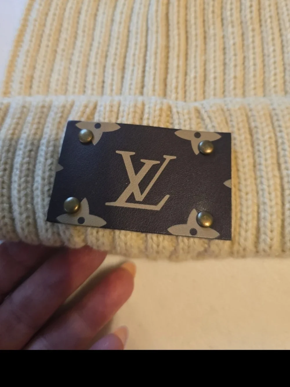 Cream Ribbed Knit Cuff Beanie with Monogram Plaque